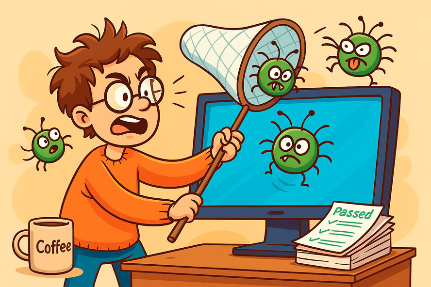 Программист, тестировщик ПО ловит баги и дефекты в сачок
