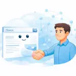 Человек взаимодействует с поисковой системой через понятный интерфейс, символизируя сотрудничество сайта и поиска на основе пользы и доверия.