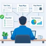 QA-инженер работает с тестовыми артефактами: тест-кейсами, тест-планом, баг-репортами, чек-листами и итоговым отчётом