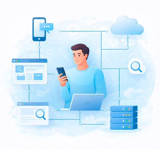 Человек и цифровые технологии: устройства, интернет, облачные сервисы и данные, объединённые в единую систему.