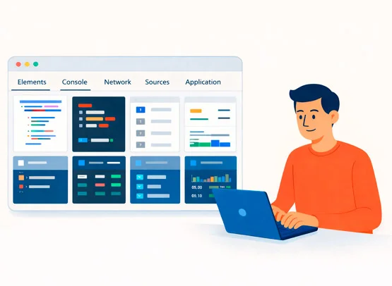 QA-инженер использует DevTools для анализа интерфейса, сетевых запросов и данных веб-приложения