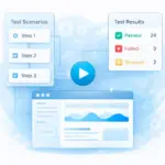 Схема процесса автотестирования программного обеспечения: сценарии тестов, автоматический запуск проверок, тестируемое приложение и итоговый отчёт с результатами выполнения.