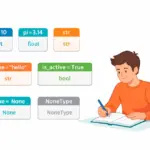 Изучение базовых типов данных Python: примеры переменных с int, float, str, bool и NoneType для начального этапа обучения.