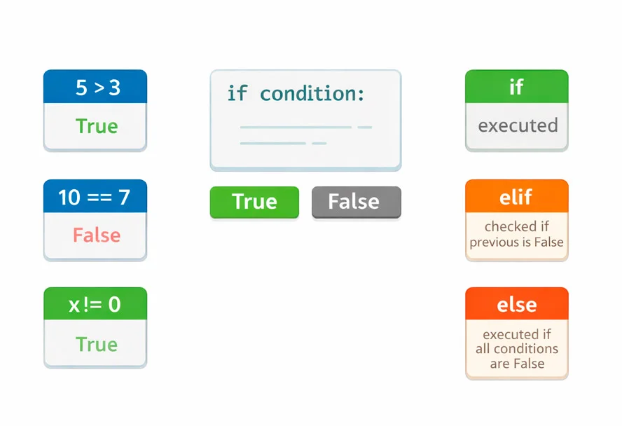 Схема условных операторов if, elif и else в Python с примерами True и False